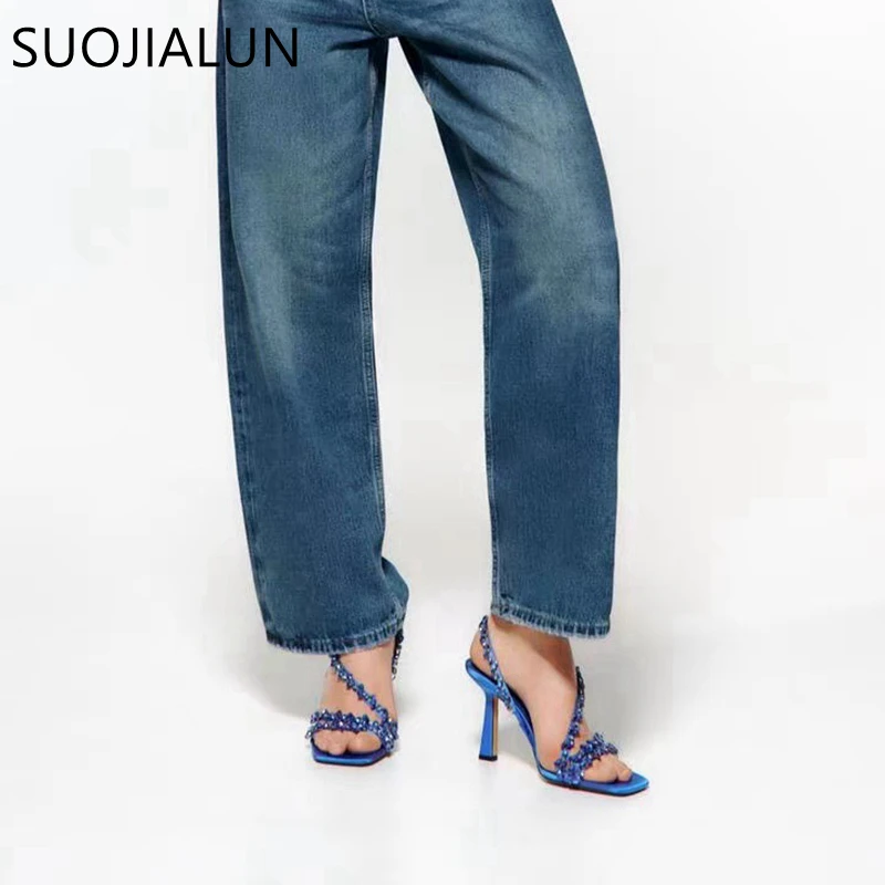 SUOJIALUN Summer New Brand Women Sandal Fashion Bling Crystal Narrow Band Ladies Elegant Gladiator Shoes Thin High Heel Pumps