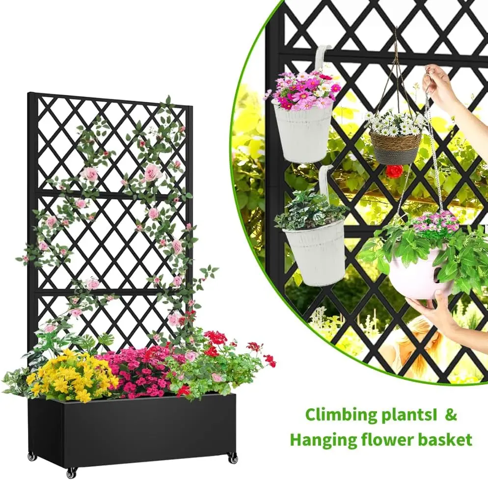 Galvanized Metal Raised Garden Bed On Wheels with Privacy Screen Trellis Drainage Holes Standing Planter Box Outdoor Use for Climbing Vines Flowers Plants Black