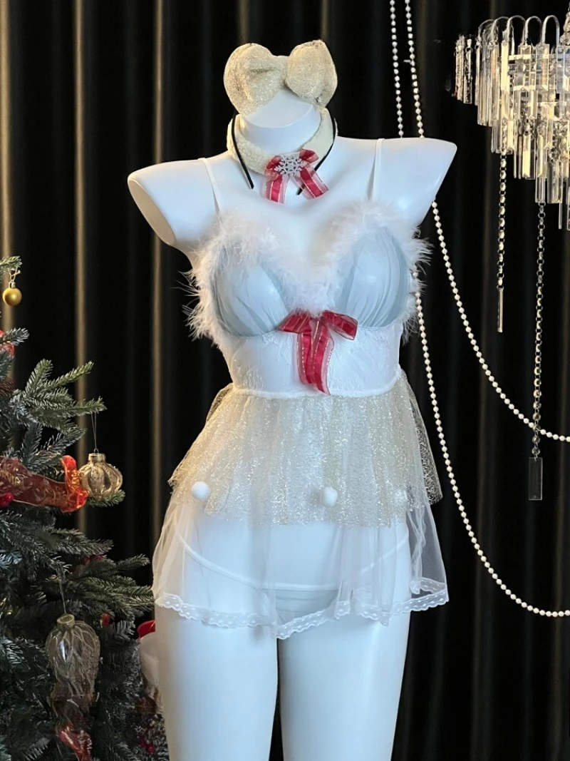 

Christmas White Lace Sheer Halter Nightgown,Puffy Mesh Skirt,Sexy Lingerie for Women,Festive Romantic Sleepwear Roleplay Costume