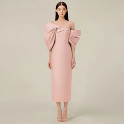 Pink Satin Cocktail Dresses for Women Off the Shoulder Column Cocktail Gowns Midi Big Bow Tea Length Simple Evening Party Dress