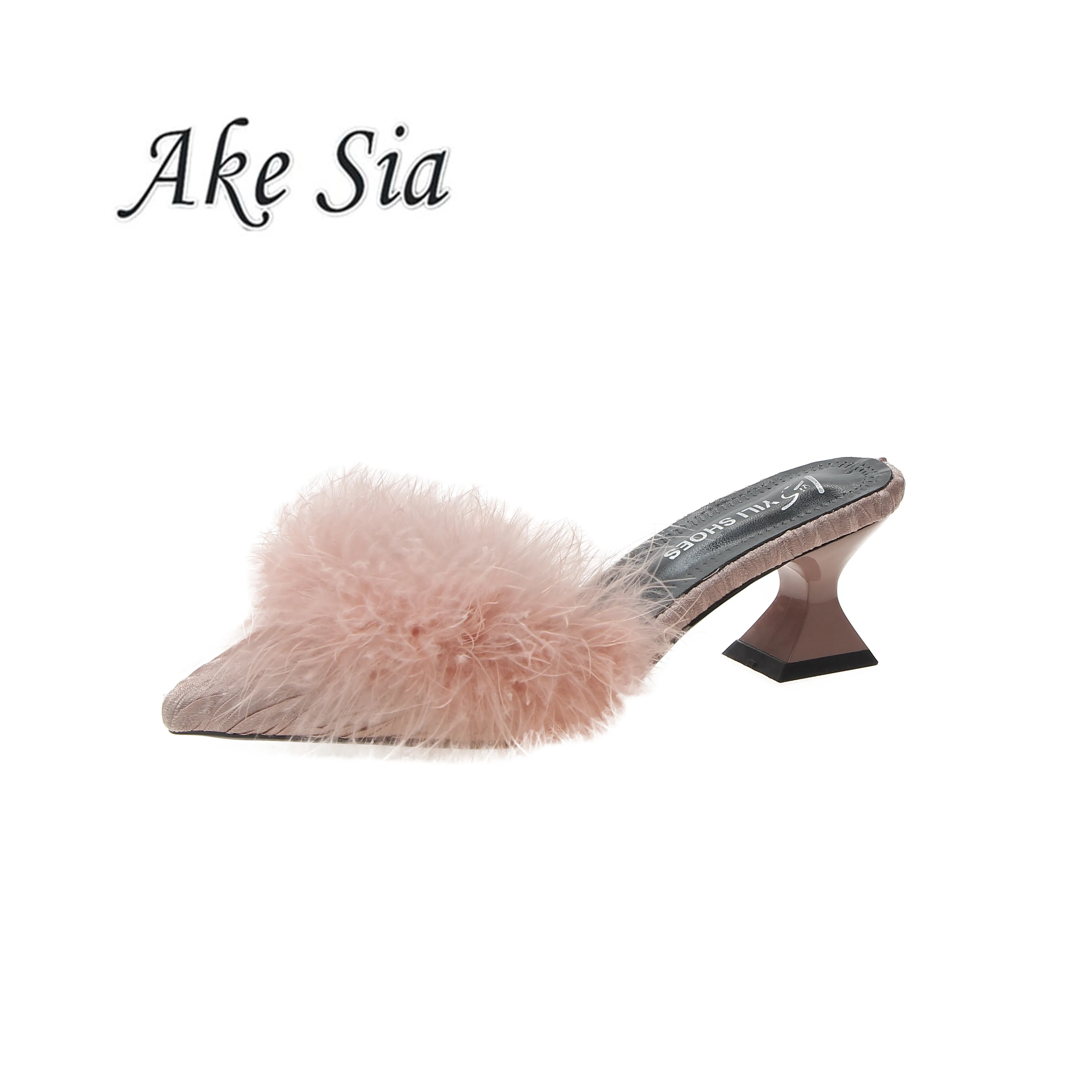 2020 new women\'s set toe-shaped non-slip high heels fashion rubber bottom elastic cloth summer shallow fur shoes