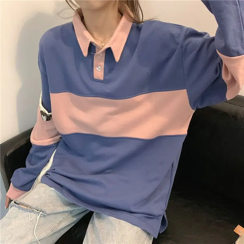 Ins Fire Bodyguard Women Spring and Autumn New Korean POLO Collar Cute Color Contrast Coat Student Loose Slouchy Top