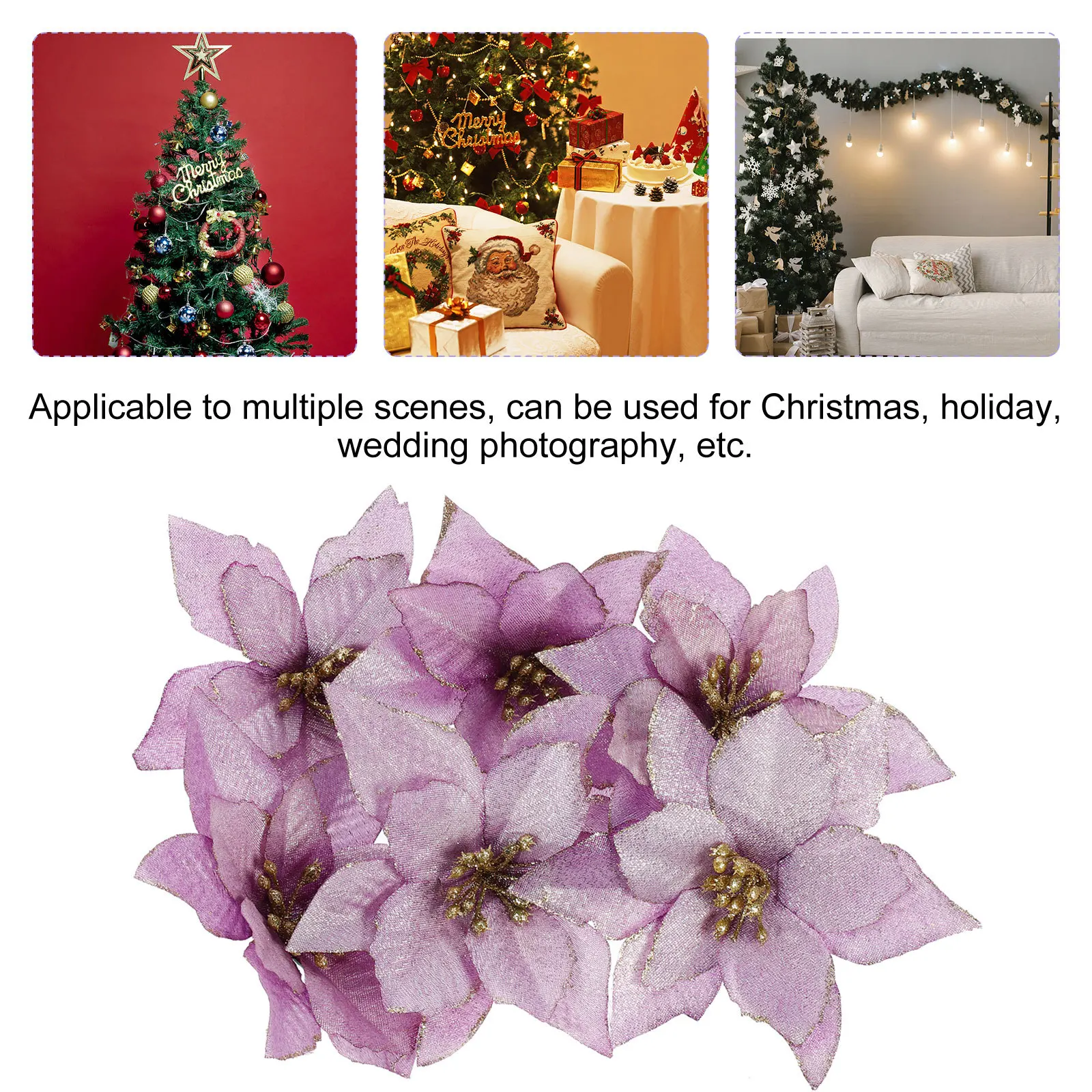 

6pcs Small Double-Layer Christmas Artificial Flowers Simulated Decors Bright Vivid Colors Diy Handmade Glittering Wedding