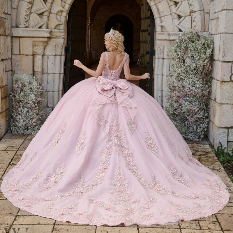Sukienki Quinceanera na zamówienie, błyszczące, różowe, z odkrytymi ramionami, tiulowe, z cekinowymi aplikacjami, koralikami, długim trenem i kokardą, Vestido De 15 Quinceanera