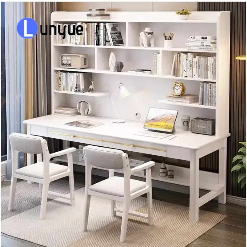 Modern Minimalist Wooden Computer Desk with Bookshelf Double Person Study Table for Home Office Space Saving Storage