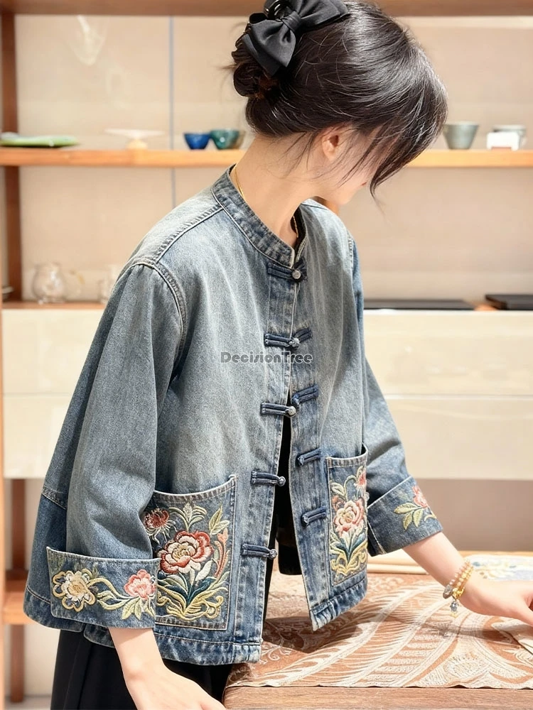 2025 new chinese improved retro fashion style women loose embroidery autumn cheongsam button long sleeve denim tang suit jacket