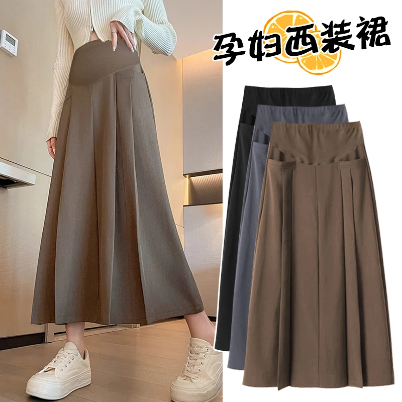 

2024 Spring Maternity Skirts Pleated A line Loose With Pockets Elastic Waist Belly Bottoms Clothes for Pregnant Women Pregnancy
