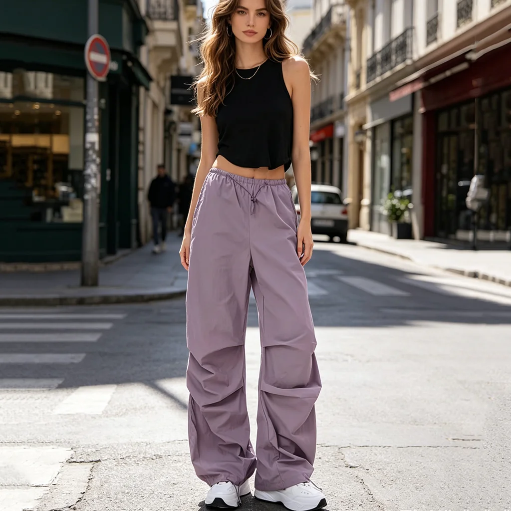 Parachute Pants, Women's Harajuku Street Wear, Wide-Leg Loose Sportswear Pants, Women's Retro Hip-Hop Jogger Work Pants