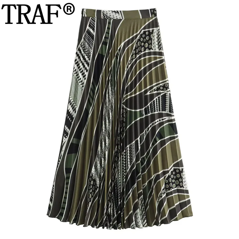 

TRAF Print Midi Skirt Woman Vintage Pleated Long Skirts For Women High Waist Elegant Social Women's Skirts Ruched Spring Skirt