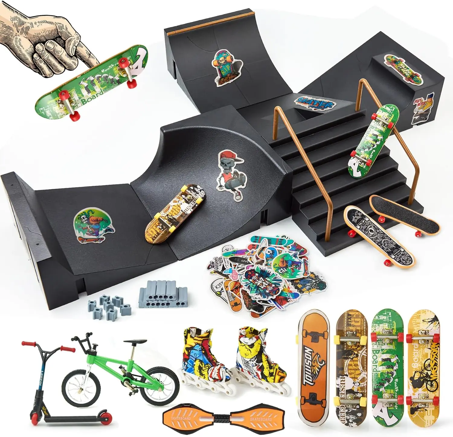 

14 Pcs DIY Finger Skateboard Park Set - Portable Mini Ramps for Kids & Adults