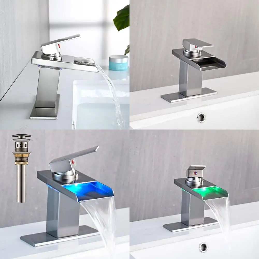 

Single Hole Brushed Nickel LED Waterfall Faucet with Pop-Up Drain and 2 Supply Lines for Bathroom Vanity Sinks