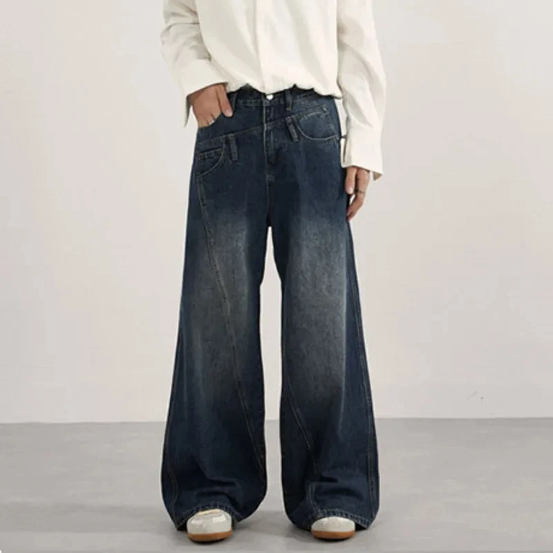 Niche Design Men's Denim Pants Solid Color Washing Irregular Deconstruction Straight Leg Loose 2026 Spring Male A-shaped Jeans