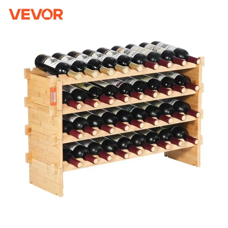 Vevor 36 Fles Stapelbaar Modulair Wijnrek 4-Tier Massief Bamboe Hout Opslag Rekken Vloer Vrijstaande Wijnen Houder Display Plank