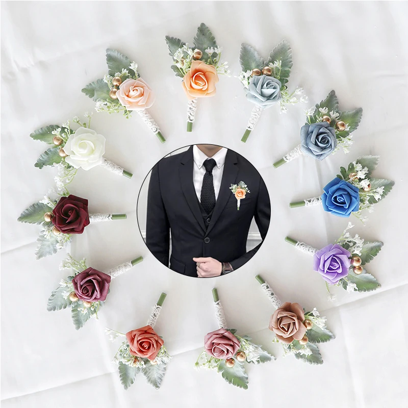 Boutonniere fiori spille per corpetto da sposa bianco rosa sposo Boutonniere asola uomo matrimonio imulazione fiori accessori