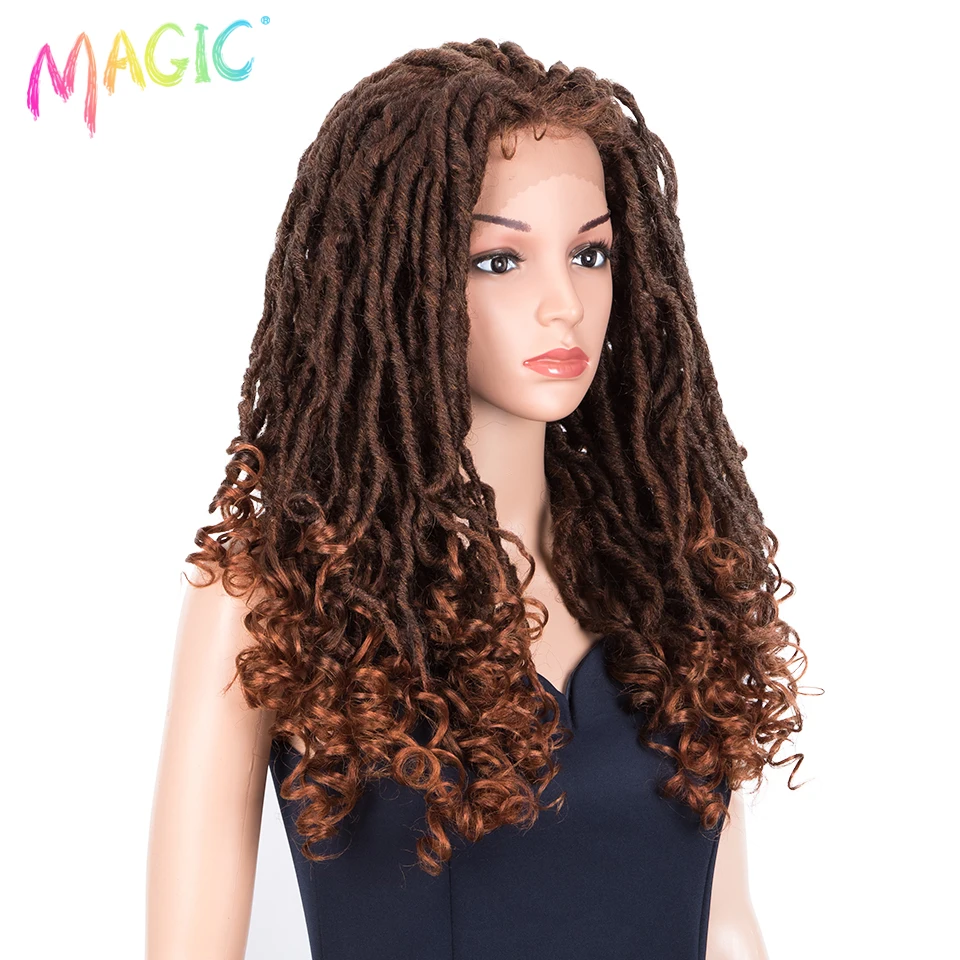 Magic 60CM Faux Locs Curly Crochet Hair Large Area Synthetic Lace Front Wig For Black Women Ombre Crochet Braids goddess Hair