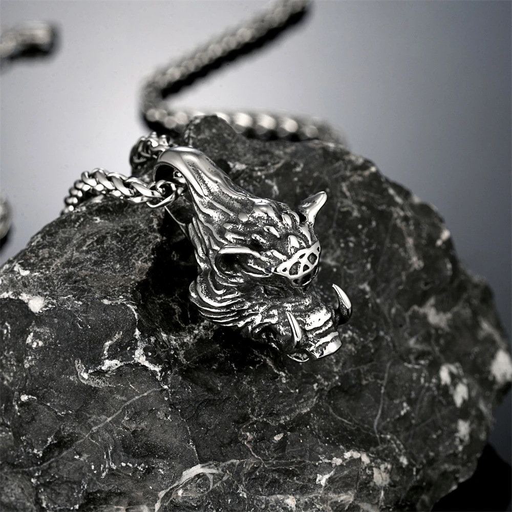 Punk Norse Viking Boar Necklaces Men Stainless Steel Medieval Vintage Beast Pendant Amulet Male Trendy Cool Self-defense Jewelry