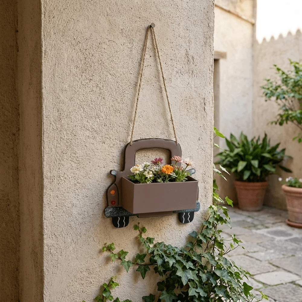 Rustic Iron Truck Shaped Flower Pot Cute Decorative Hanging Truck Planter Retro Cartoon Wall Mounted Flower Pot for Balcony