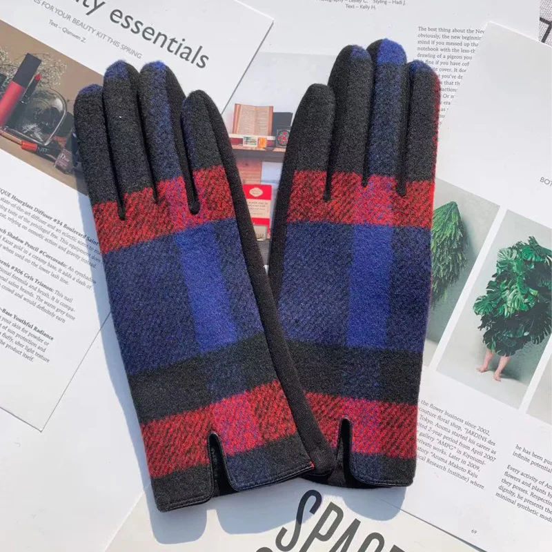 Guantes de tela de lana para mujer, manoplas suaves a cuadros para pantalla táctil, a la moda, elegantes, para ciclismo, a prueba de frío, no