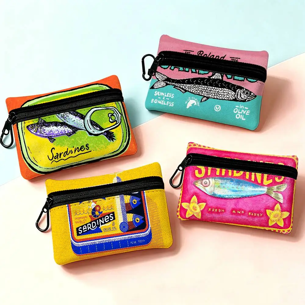Cute Sardine Lightweight Oxford Fabric Coin Purse Carabiner Hook Design Mini Card Key Organizer Bag