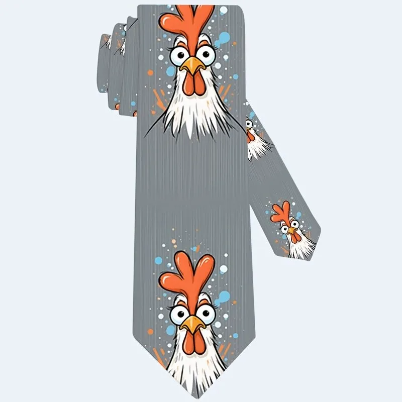 1pc Chicken Print Necktie Soft Grey with Cute Rooster Hens Pattern Durable Fabric Machine Washable Wedding Party