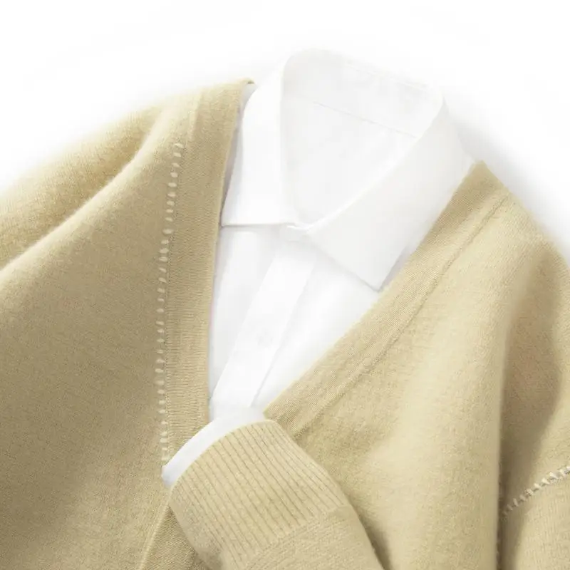 100% سترة من الصوف الخالص الخامس الرقبة زر أسفل سترة الأعمال عادية الخريف والشتاء سترة صوف سميكة محبوك قاع قميص #3