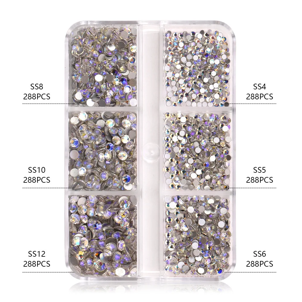 Sky Purple 6 Grids Round Glitter Nail Accessories Decoratio Rhinestones Box Set Small Nail Art 3D Diamonds in Bulk Gems