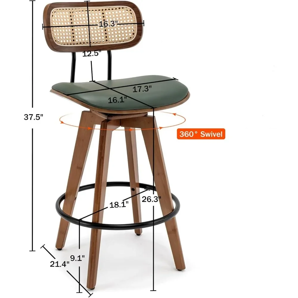 Counter Height Swivel Barstools with Rattan Backrest/Wooden Legs,Armless Mid Century Modern Bar Chairs for Kitchen