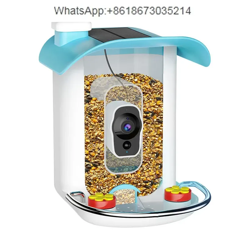 Outdoor Waterproof Bird Feeder with Mobile Phone Remote AI Recognition Solar Charging Bird Cage with Water Bottle White/Blue