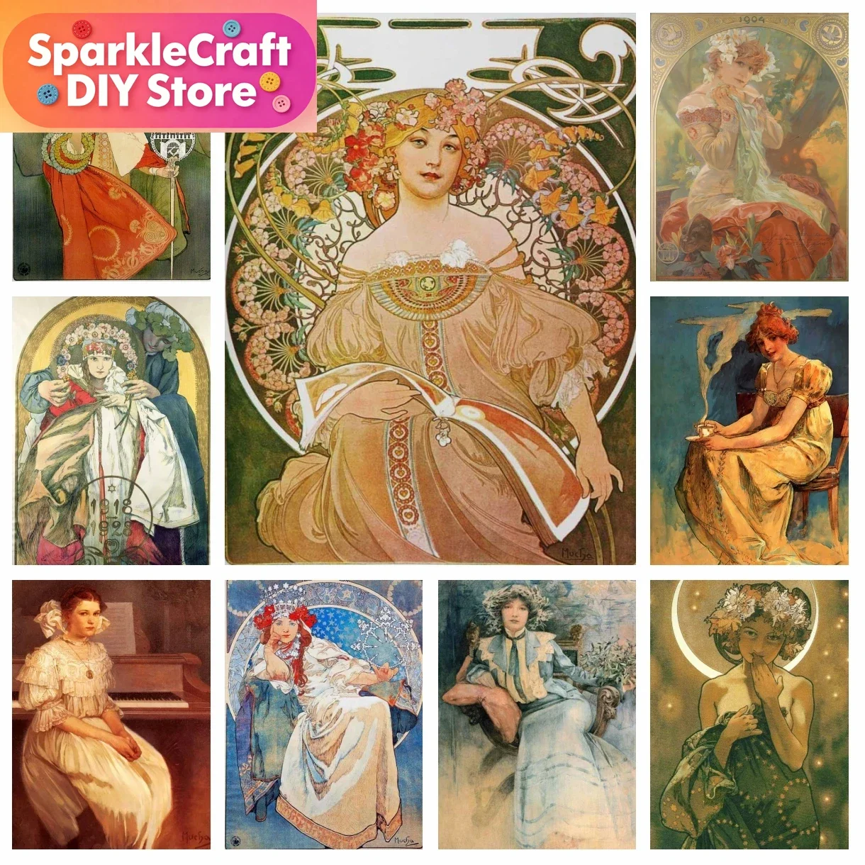 1PC Kit de Pintura Diamante DIY Sem Moldura com Perfuração Completa, Obra de Arte do Famoso Artista Alfons Maria Mucha, Kits de Ponto Cruz, Imagem de Bordado Mosaico