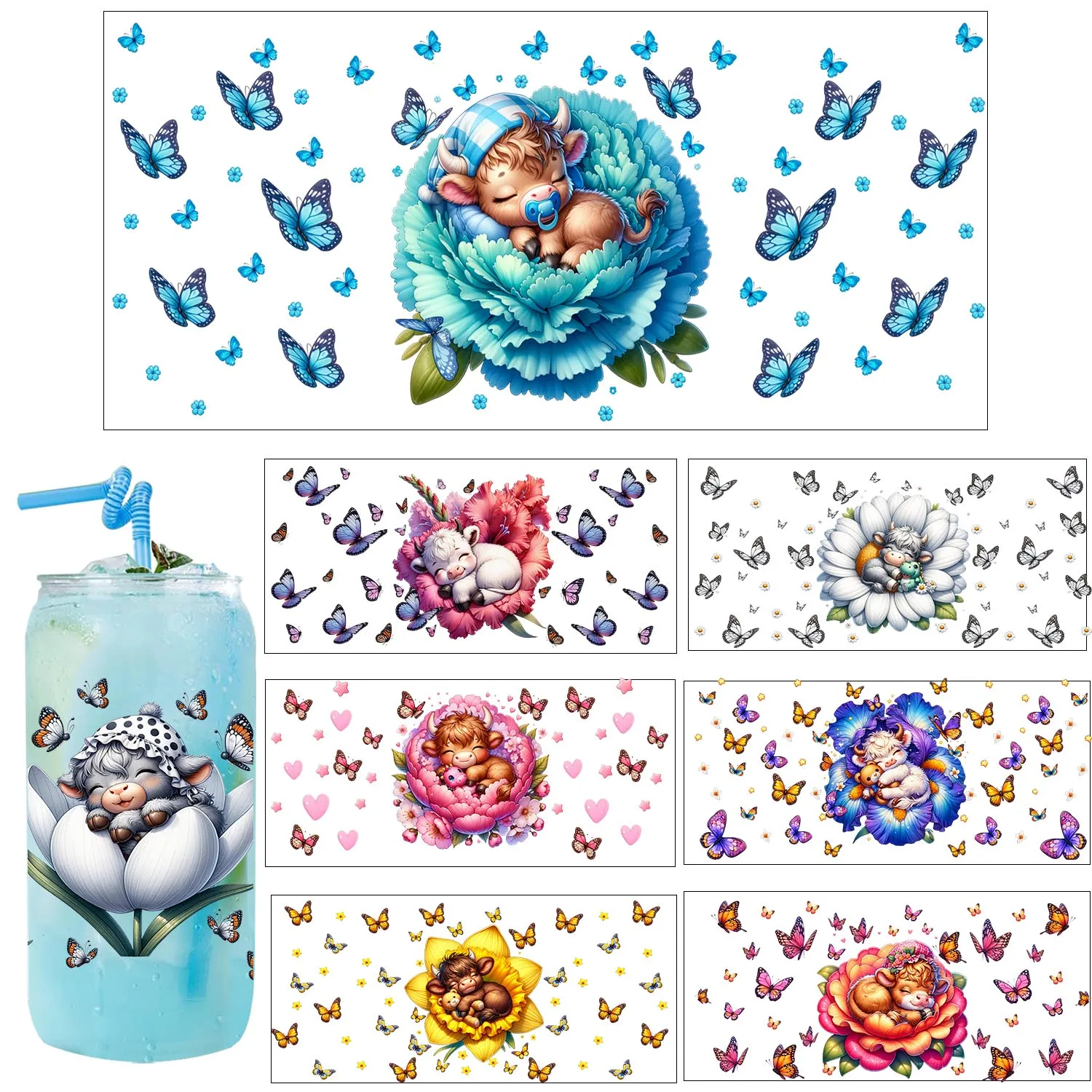 

Sleep Highland cattle baby easy peel waterproof Party DIY Decals 3D transfers uvdtf tumbler seal stickers 16oz uv dtf cup wraps