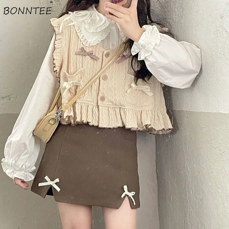 

Sleeveless Sweater Vest Women Bow Sweet College Loose Korean Style V-neck Apricot Spring Ins Popular Harajuku Fashion Lovely