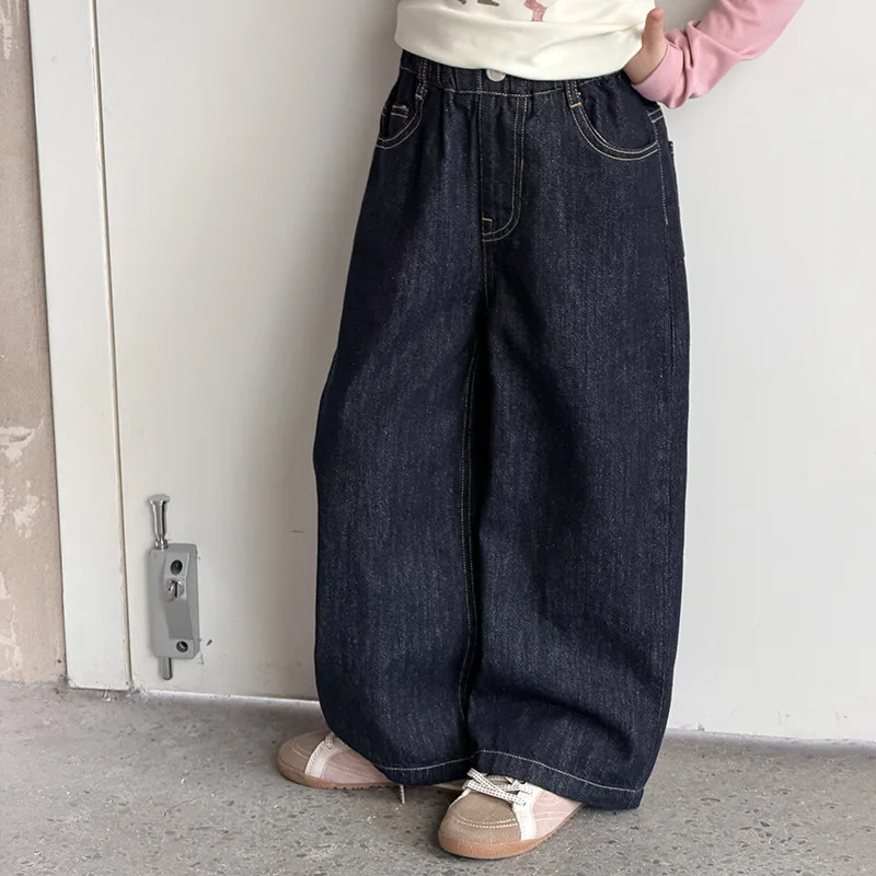 Children's Pants Girls' Fashionable and Versatile Contrasting Colors Bright Lines Soft Denim Labeled Jeans