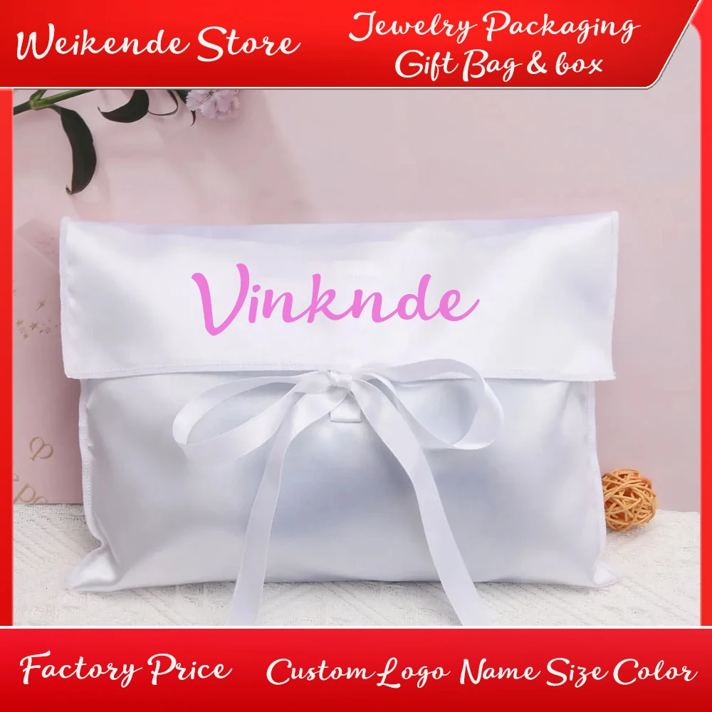 

100Pcs Custom White Silk Satin Envelope Dust Bag With Bow Ribbon Flap Pouch Luxury Organizer for Clothing Jewelry Cosmetic Gift