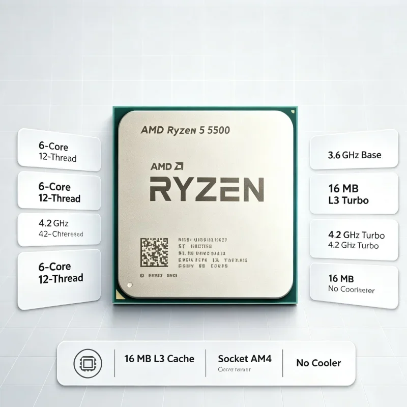 AMD R5 5500 100‑000000457 Desktop CPU AM4 6‑Core 12‑Thread 3.6GHz Base 7nm 65W TDP Without Cooler