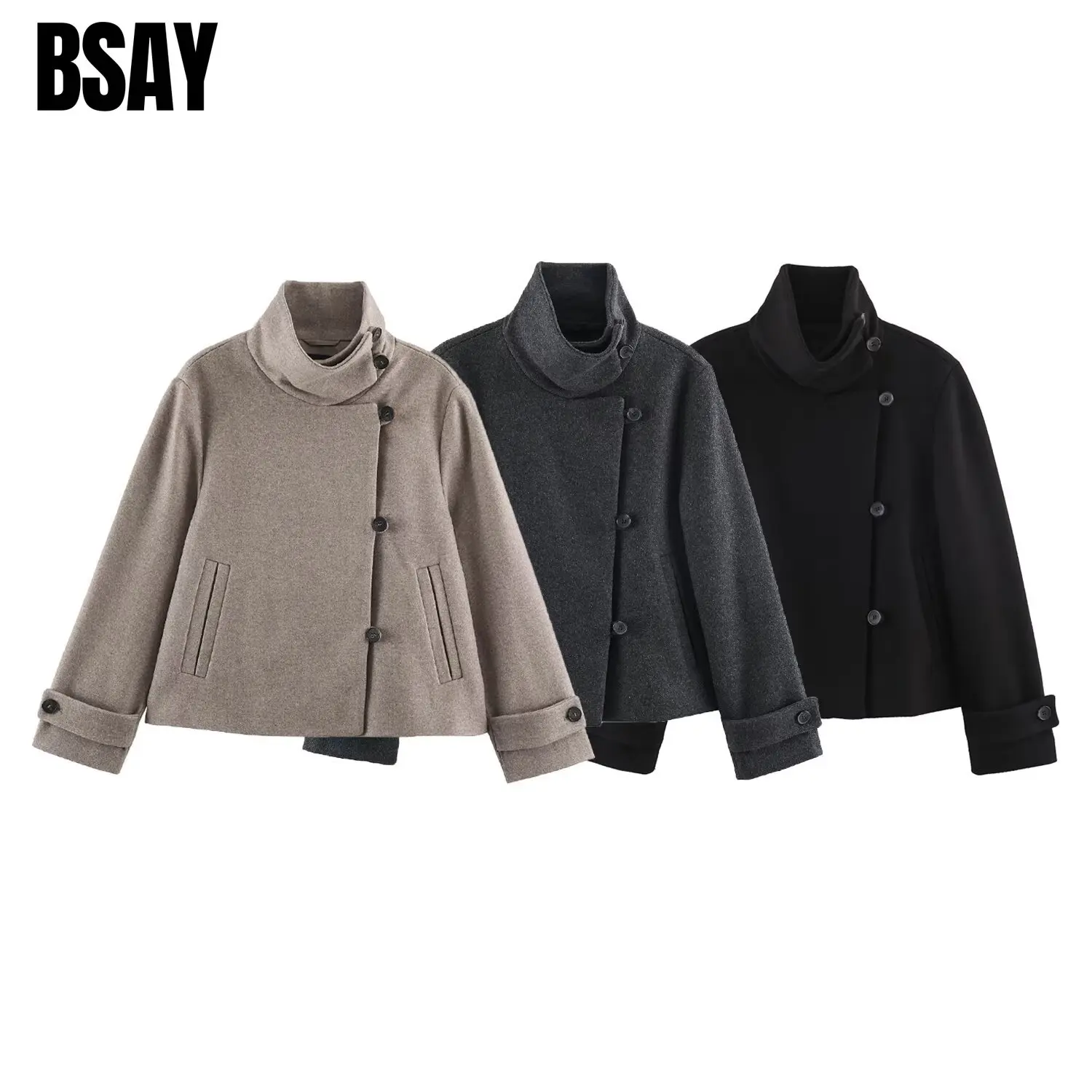 BSAY 2026 Women Fashion Minimalist Cropped Outerwear High Stand Collar Asymmetrical Button Long Sleeve Solid Color Autumn Jacket