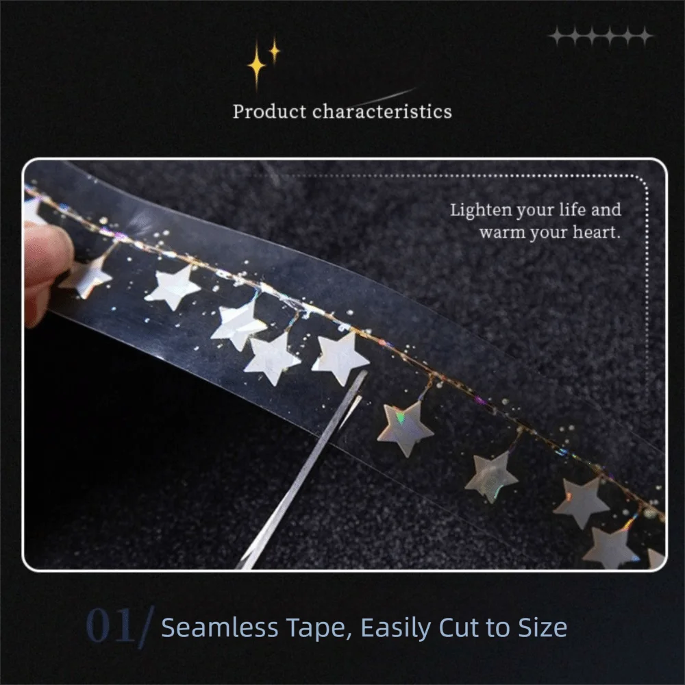 3x200cm Size Star Curtain Tape Sparkling Effect Self-Adhesive PET Tape Star Pattern Shiny Surface Glitter Tape Scrapbooking