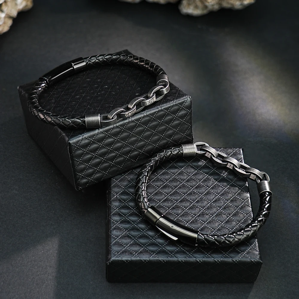 

New Arrival Retro style Name Engraved Bracelets Beads Engraving Leather Bracelet for Man Boy Friend stainless steel bracelets