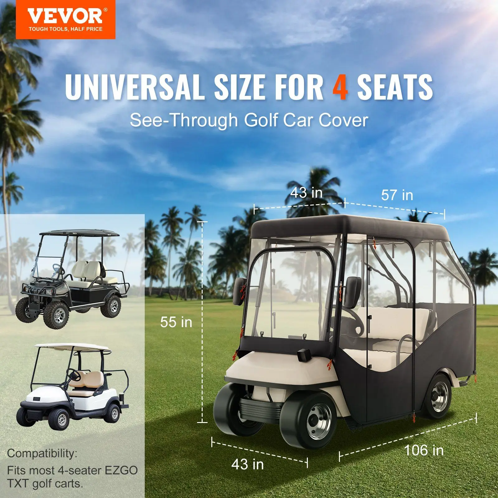 Golf Cart Enclosure, 600D Polyester Driving Enclosure with 4-Sided Transparent Windows, 4 Passenger Club Car Covers Univer