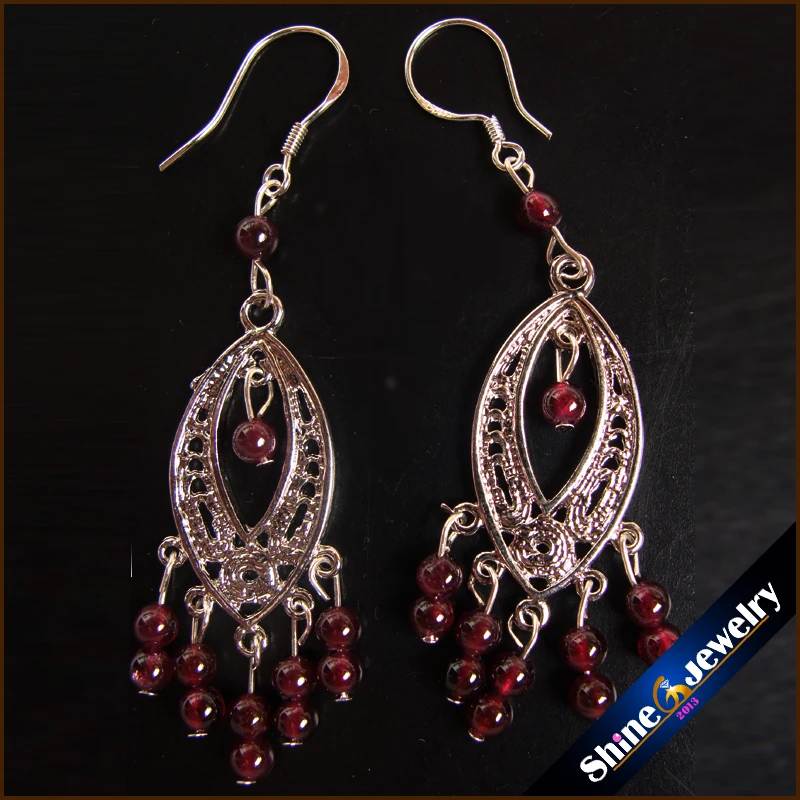 

New Vintage Jewelry 925-SterlingSilver Hooks Earring Real Natural Red Garnet Stone Drop Tassel Earrings for Women (1 Pair)