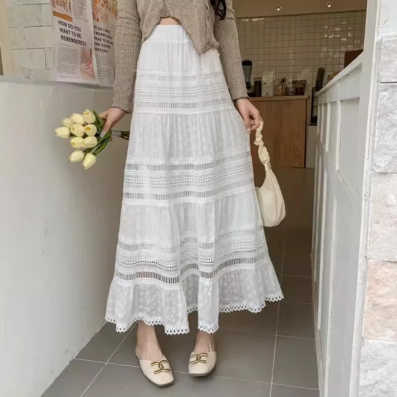 Fairy Embroidered Hollow-out  A-line Maxi  Long Boho White Cotton Skirts