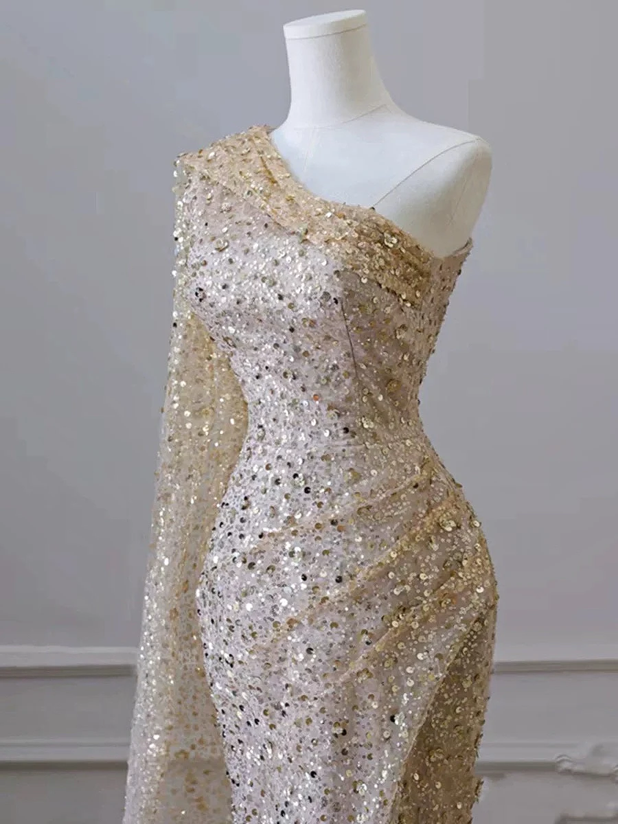 Sexy Champagne Celebrity Dresses Boat Neck Sequin One Shoulder Sleeveless Floor Length Banquet Host Evening Cocktail Party Gown