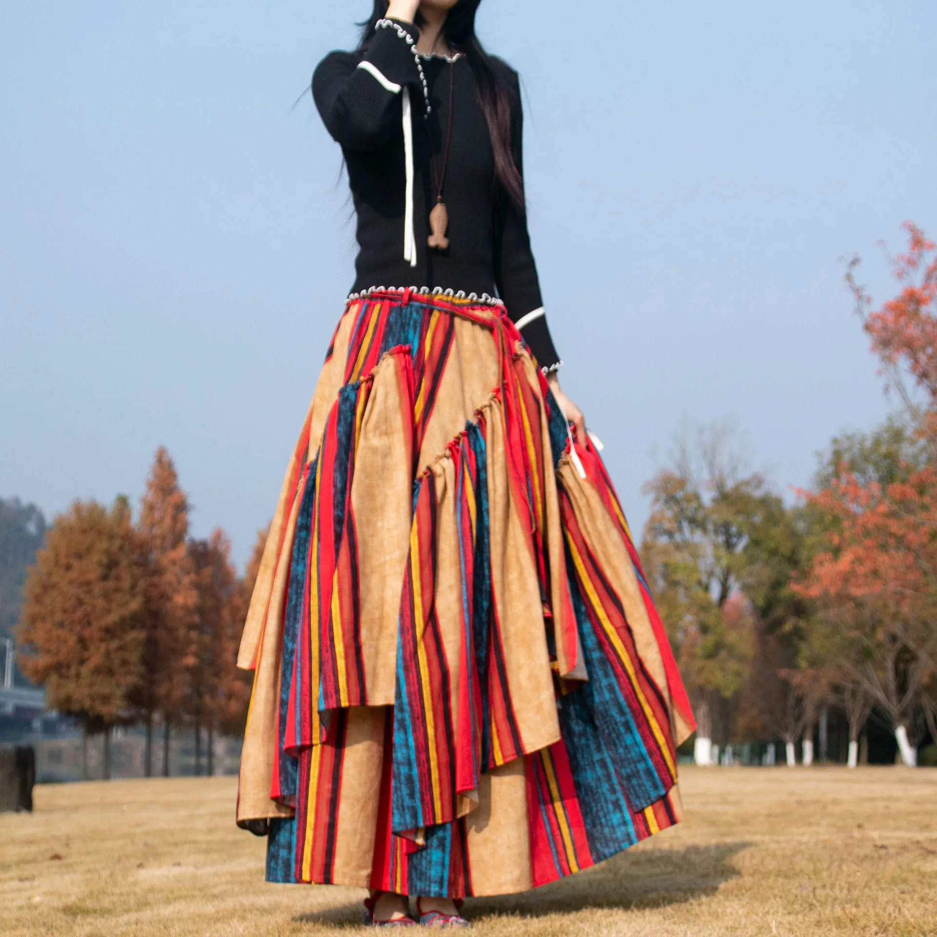 Skirt Women Bohemia Cotton Linen Long Skirts Asymmetrical Hem Patchwork Elastic Waist Lace Up Female A Line Spring Summer 2026