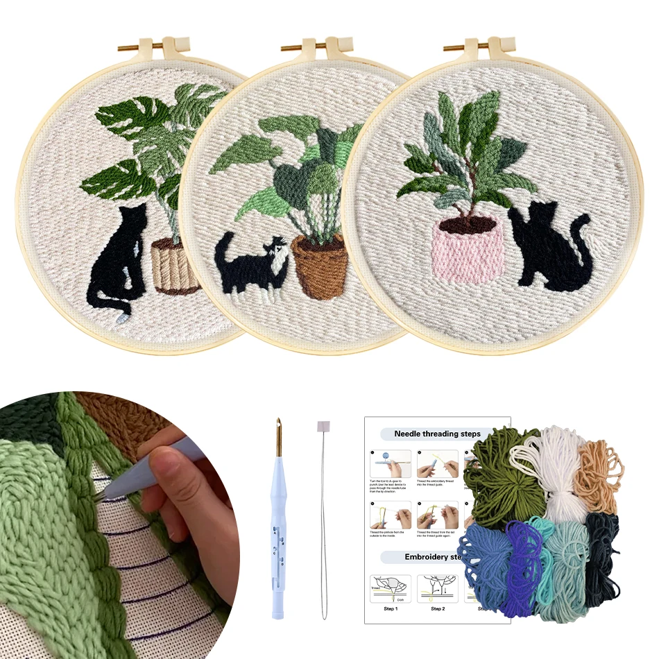 

GATYZTORY punch needle embroidery package Diy Cross stitch set Black cat and potted simple yarn handmade 20x20cm embroidery hoop