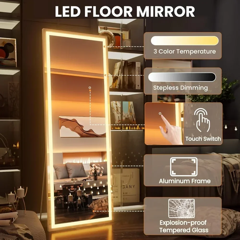 57X18 Inch LED Full Length Mirror with Lights,Dimmable & 3 Color Modes Full Body Dressing Standing Mirror,Stand and Wall Mounted