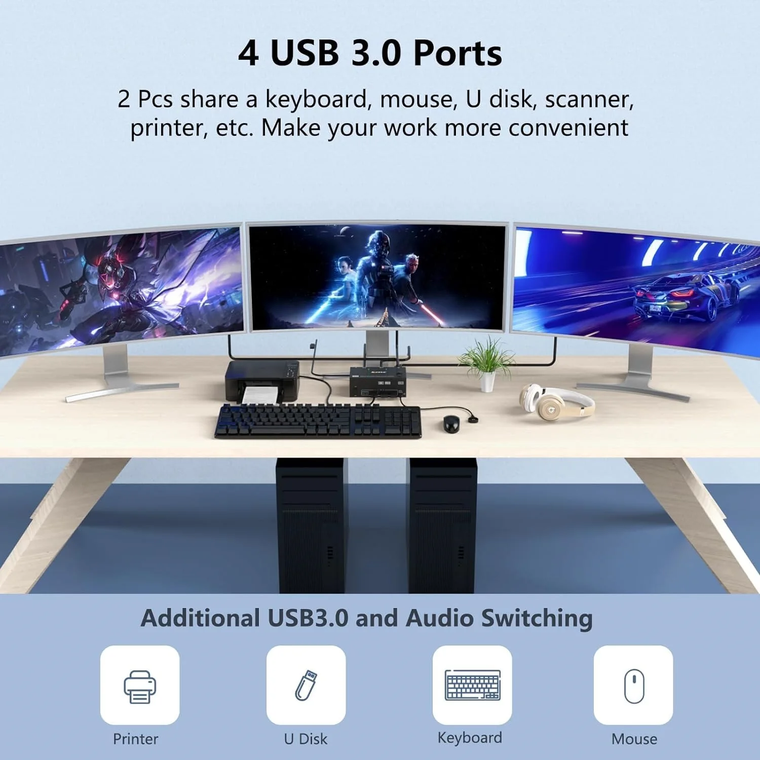 Conmutador KVM HDMI de 8K a 60 Hz 3 monitores 2 computadoras Conmutadores KVM USB 3.0 de 4K a 120 Hz para 2 PC Compartir monitor triple y 4 puertos USB