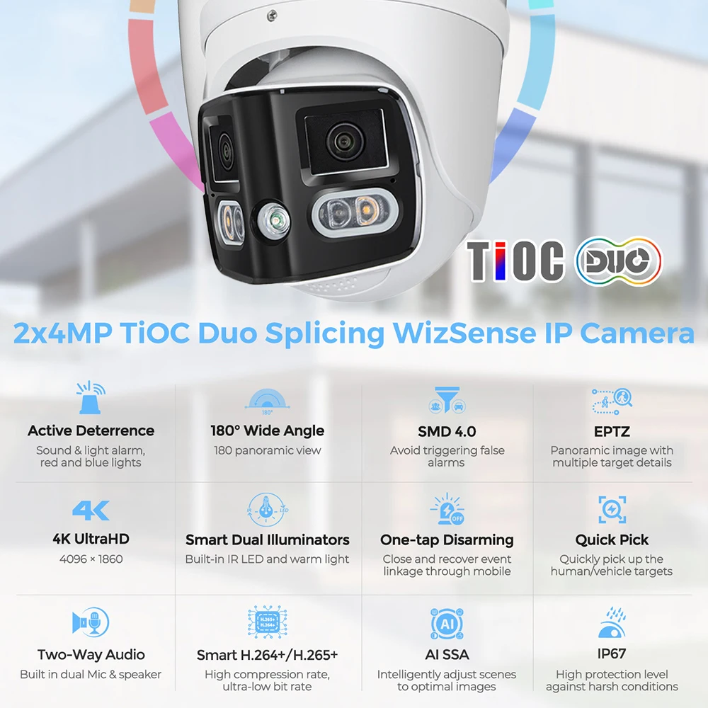 4K 180 Degrees 8MP Panoramic IP Camera Outdoor Dual Lens with Sound Light Alarm Speaker 2.8mm ONVIF Compatible Security Camera