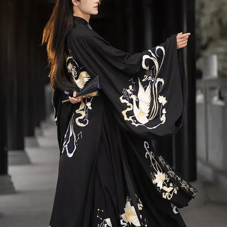 Kostum Hanfu Asli Jahitan Tangan Ukuran Besar untuk Wanita, Pakaian Tradisional Tiongkok Era Weijin dengan Bordir Phoenix, Pakaian Pria Wanita Model Lama dan Tebal