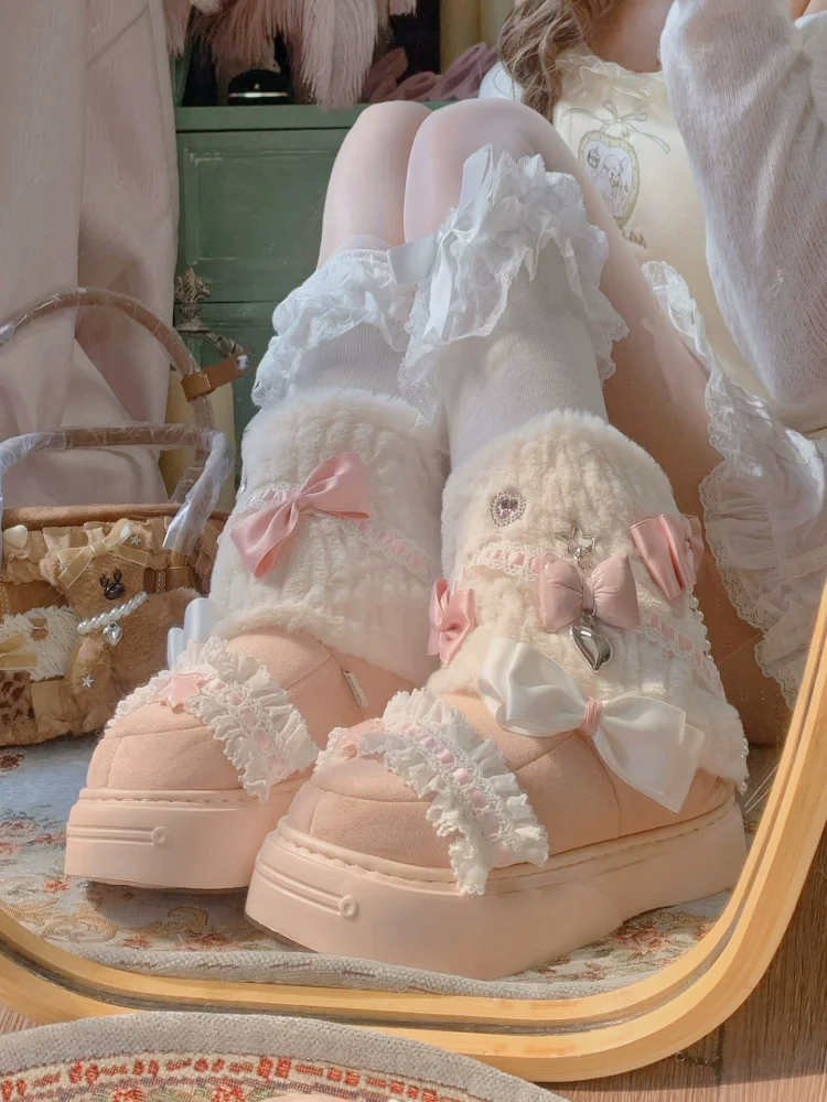 

Реплика сапог из кроличьего меха на толстой подошве, милые японские зимние теплые зимние сапоги, женские плюшевые ботинки