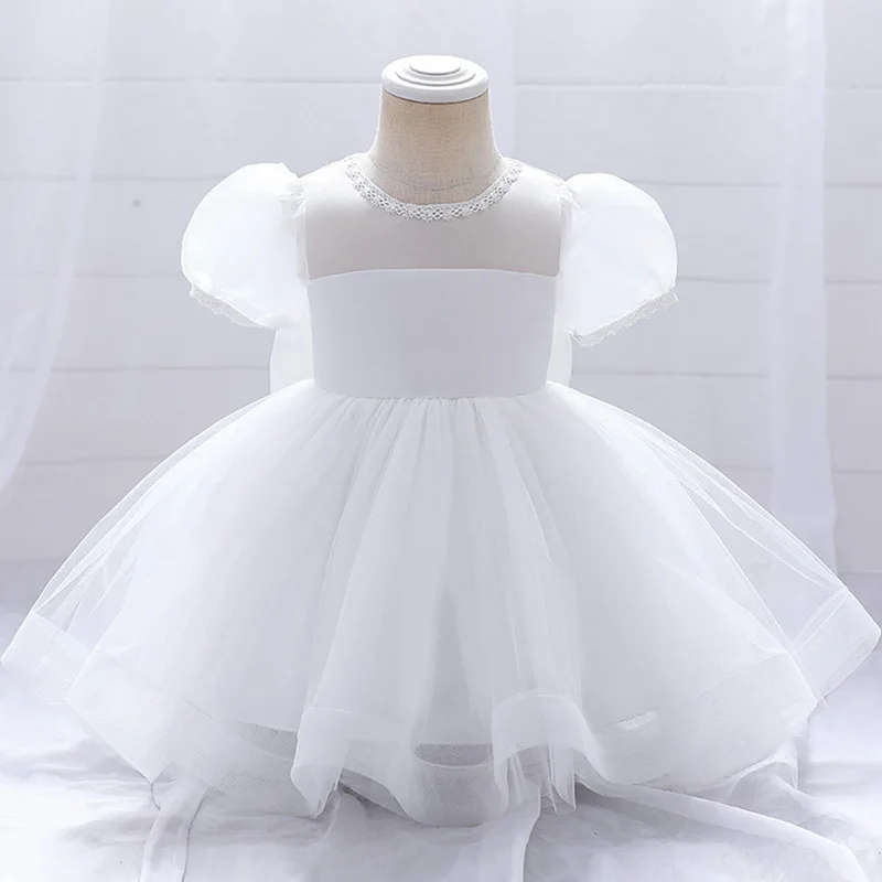 Summer White Pink Toddler Baptism 1st Birthday Dress Baby Girl Clothes Princess Wedding Lace Party Puff Sleeves Kids Costume