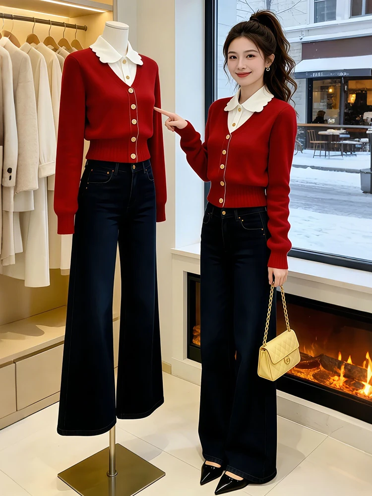 

Новинка 2026: Женский свитер с воротником в стиле колор-блок, облегающий, универсальный, омолаживающий, вязаный топ с длинным рукавом